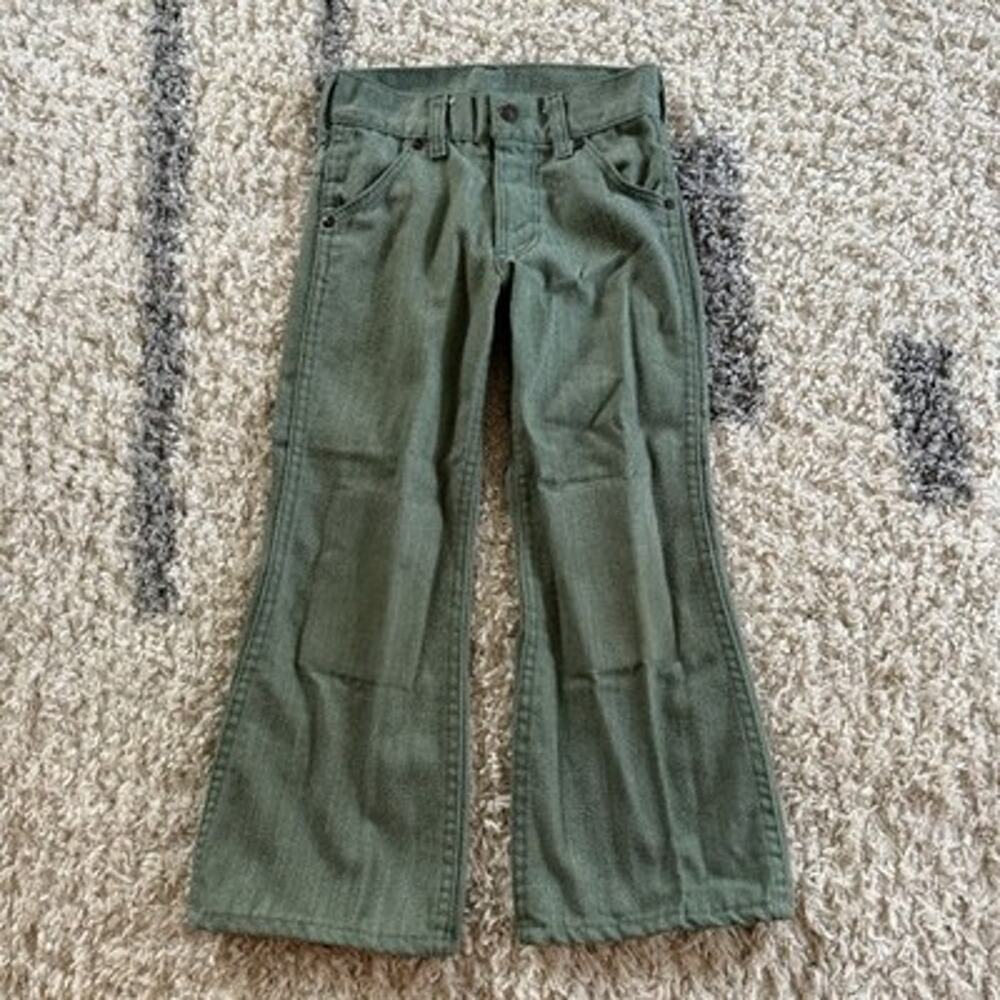 VTG 70s Toughskins Jeans Kids Sz 7 Slim Sears Green 21x19 Pants Flare Retro